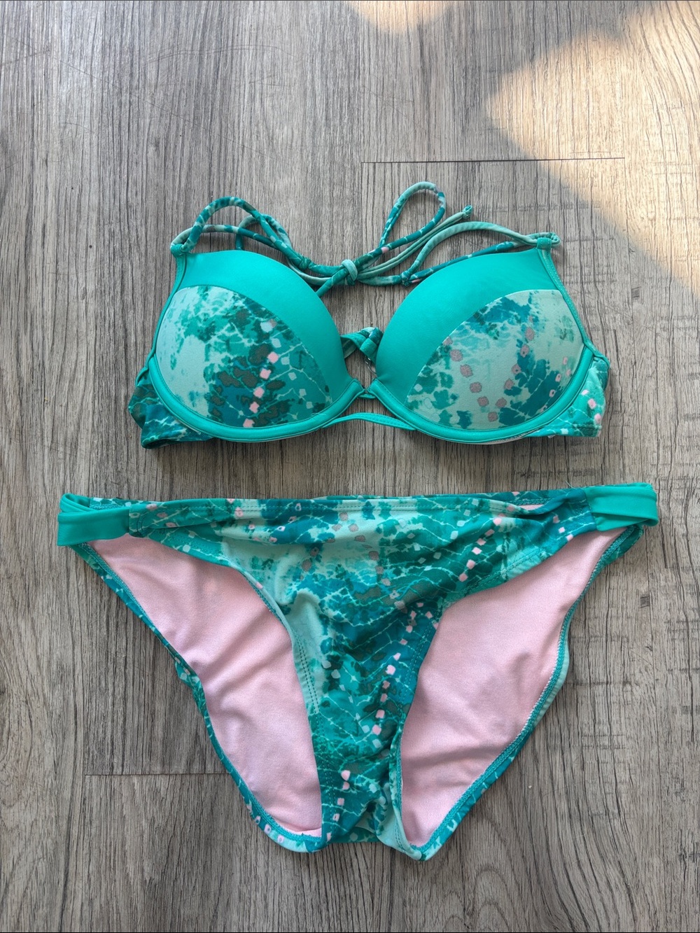 Malibu Teal and Light Pink Patterned Bikini Set
